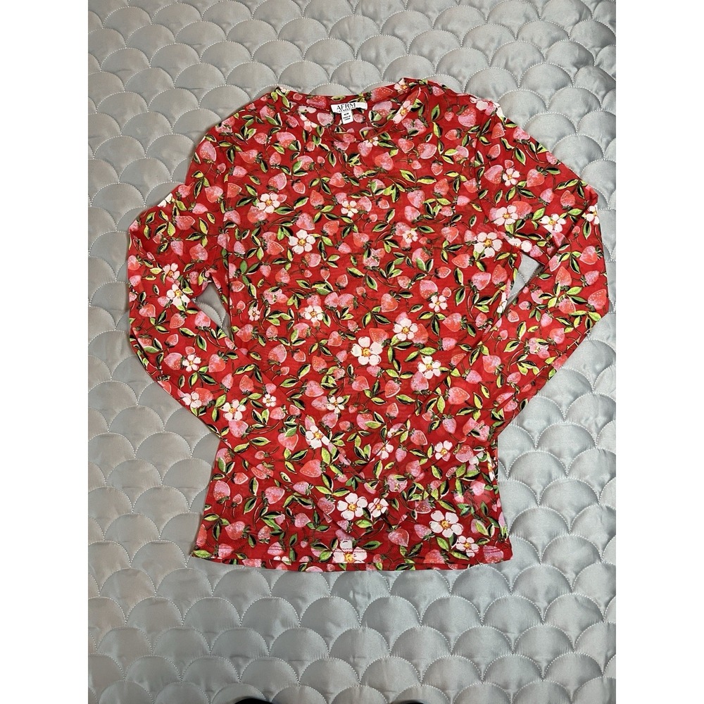 AFRM Red Floral Fruit Print Long Sleeve Top Women's Stretch Sz M Y2K Cottagecore